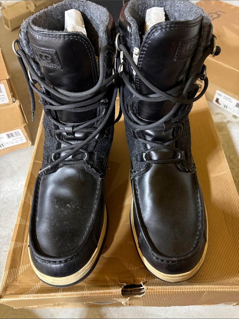 UGG Men's Black Leather and Wool Lace-Up Boots with Tan Midsole